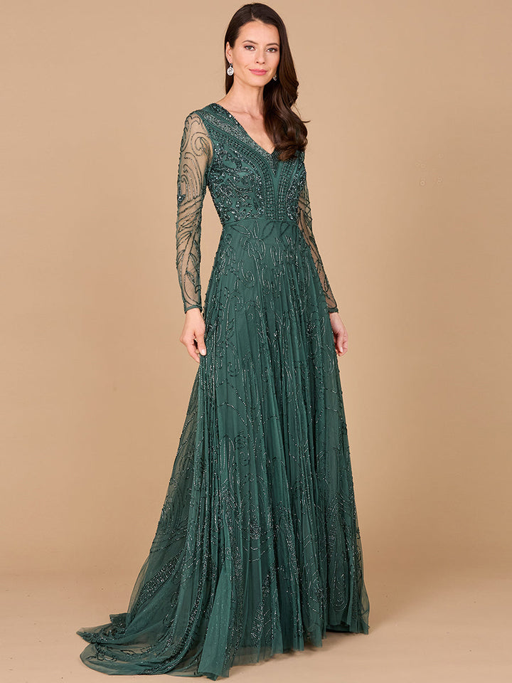 Lara 29116 Green modest beaded dress with long sleeves and a flattering V-neckline, perfect for elegant special occasions.








