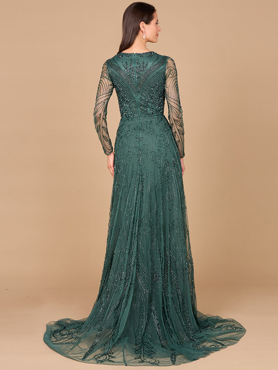 Lara 29116 Green modest beaded dress with long sleeves and a flattering V-neckline, perfect for elegant special occasions.