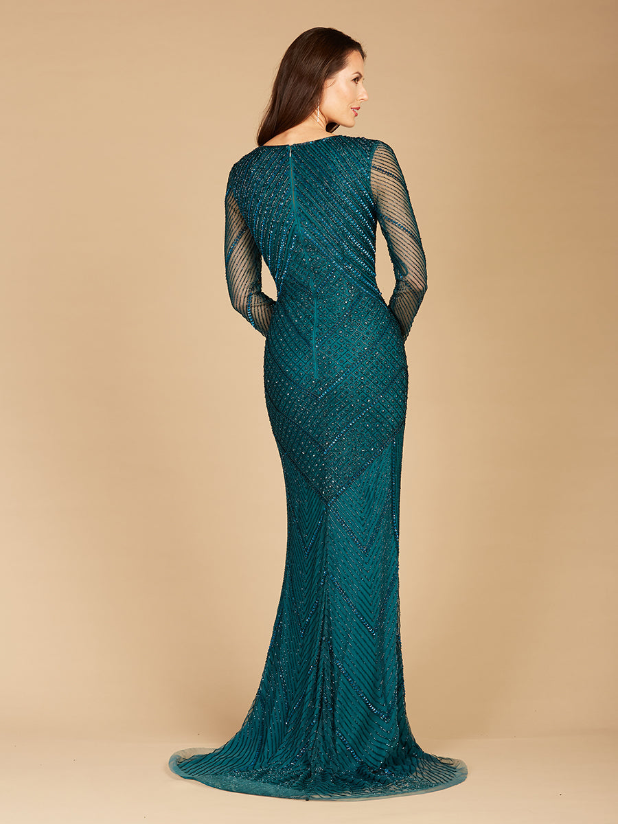 Lara 29228 - Long Sleeve Beaded Dress with Sheer Sleeves - FOSTANI