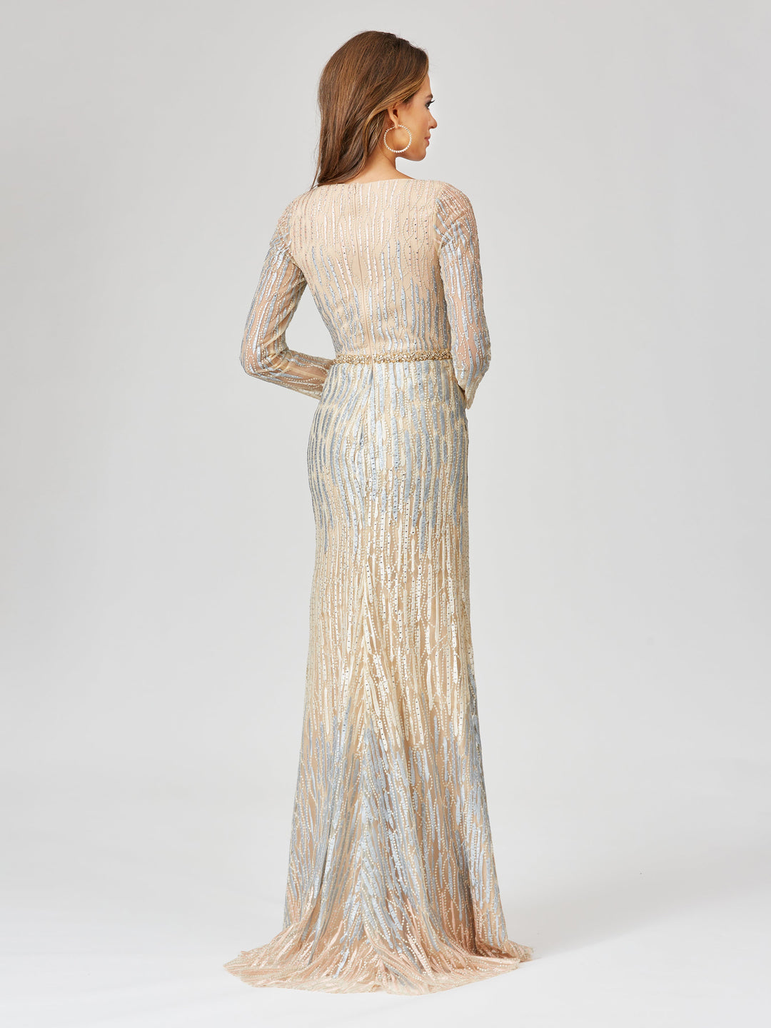 Lara 29467 - Long Sleeve Lace Gown with Wrap Skirt - FOSTANI