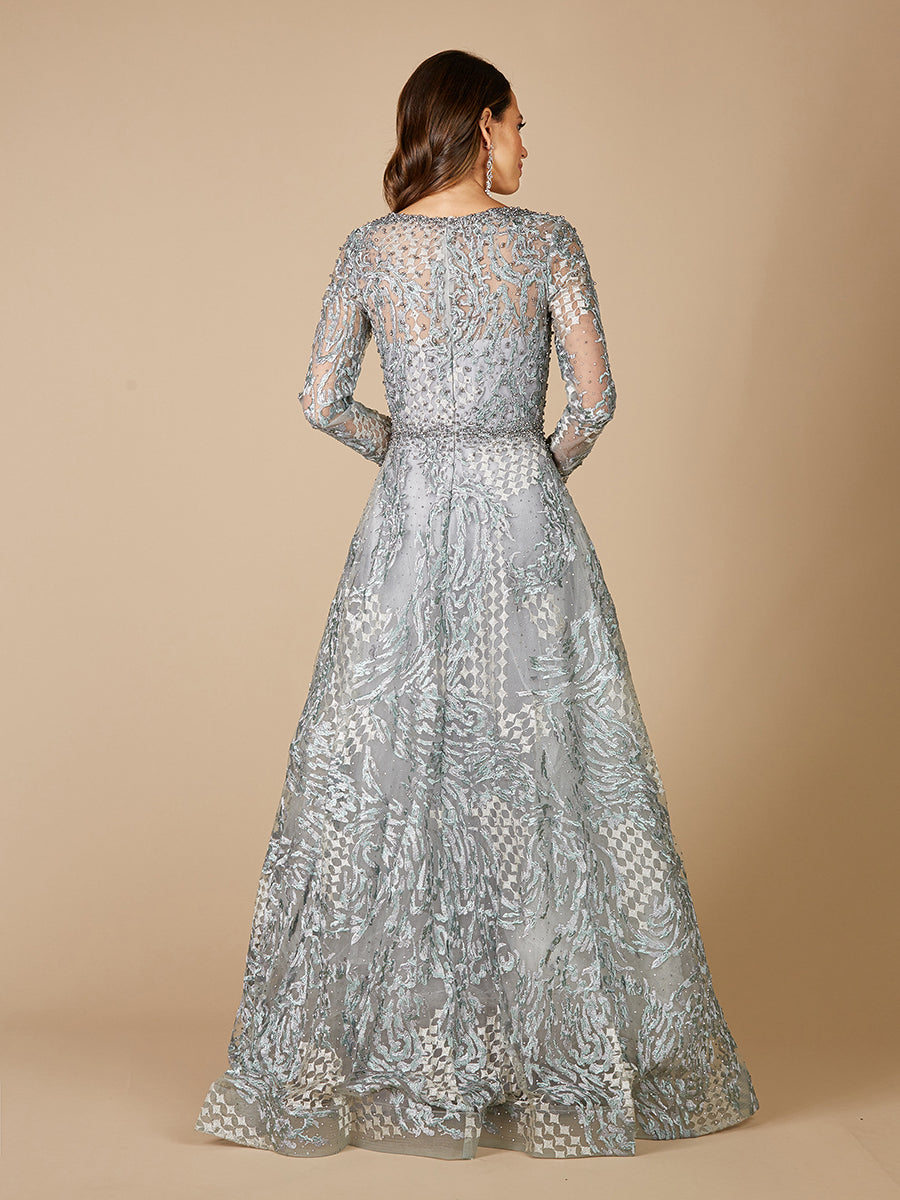 Lara 29471- Long Sleeve Lace Ballgown with V-Neckline - FOSTANI