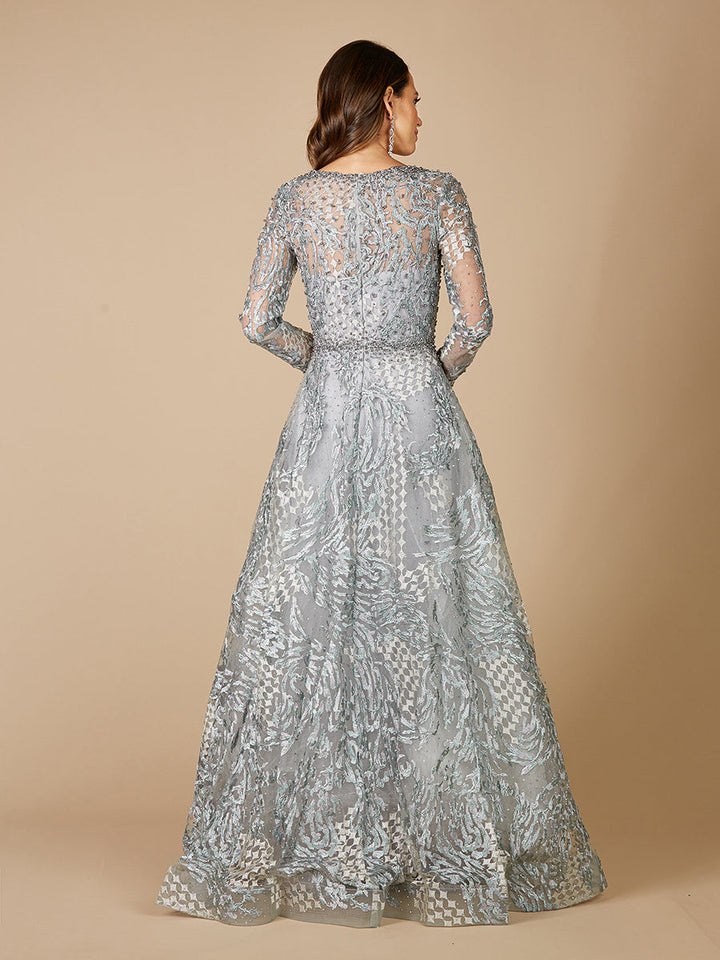 Lara 29471- Long Sleeve Lace Ballgown with V-Neckline - FOSTANI