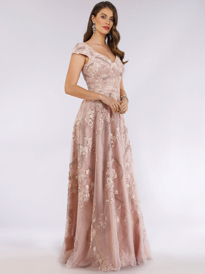 Lara 29629 - V-Neck Lace Gown - FOSTANI