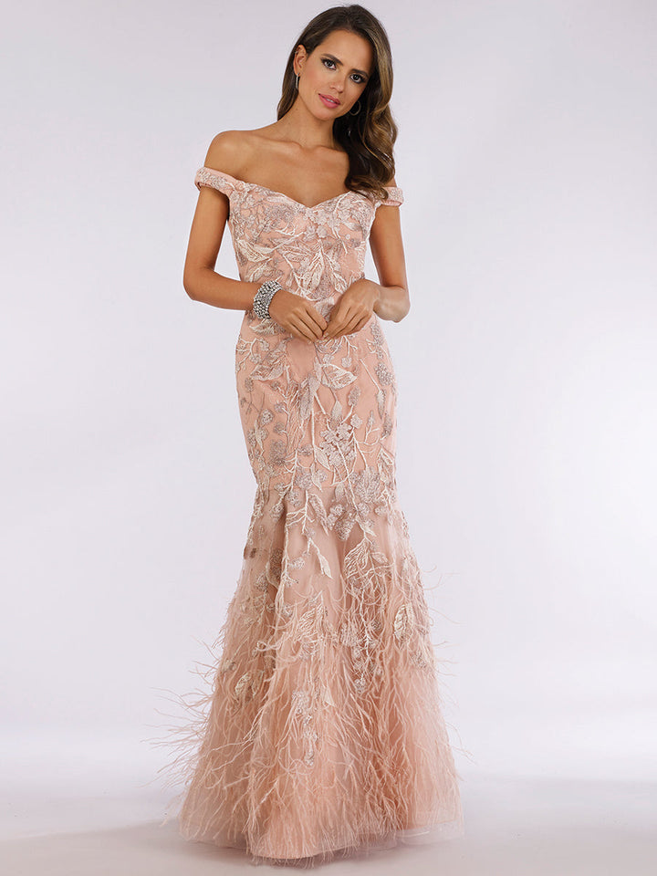 Lara 29632 - Mermaid Off Shoulder Dress with Feathers - FOSTANI