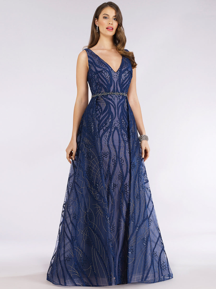 Lara 29637 - Navy Dress with an Overskirt - FOSTANI