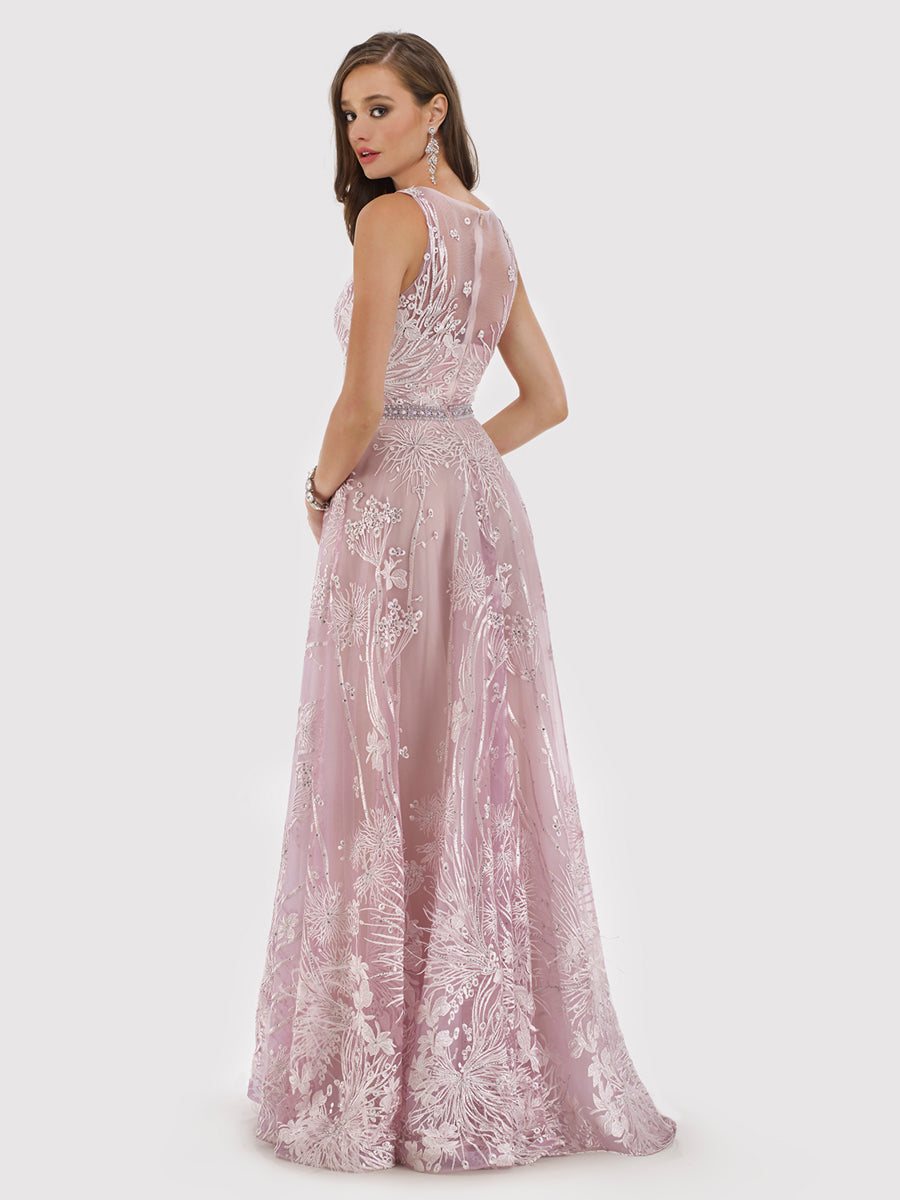 Lara 29784 - Sleeveless v-necked ballgown with feathers - FOSTANI