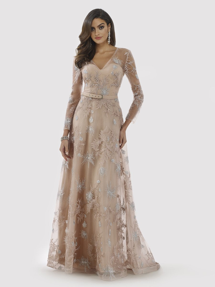 Lara 29796 - Sheer Long Sleeve Beaded A-Line Gown - FOSTANI