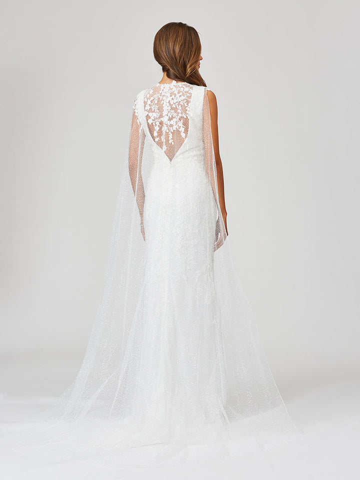 Lara 51043 - Lace Mermaid Bridal Gown With Removable Cape - FOSTANI