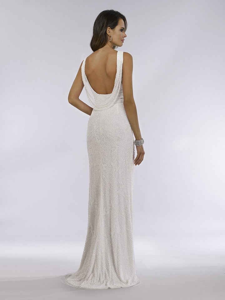 Lara Erika Beaded Draped Cowl Back V-Neck Wedding Dress - FOSTANI