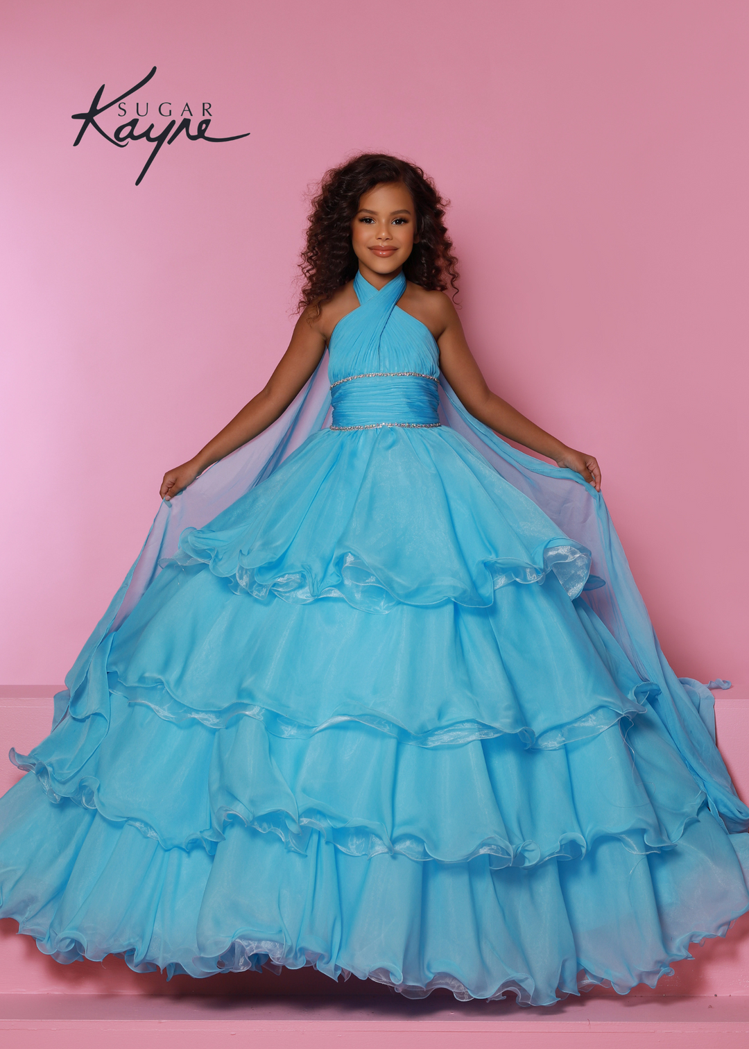 Sugar Kayne C305 Ruffled Layers Girls Preteens Pageant Dress Ball Gown Cape Halter Formal Dress - FOSTANI