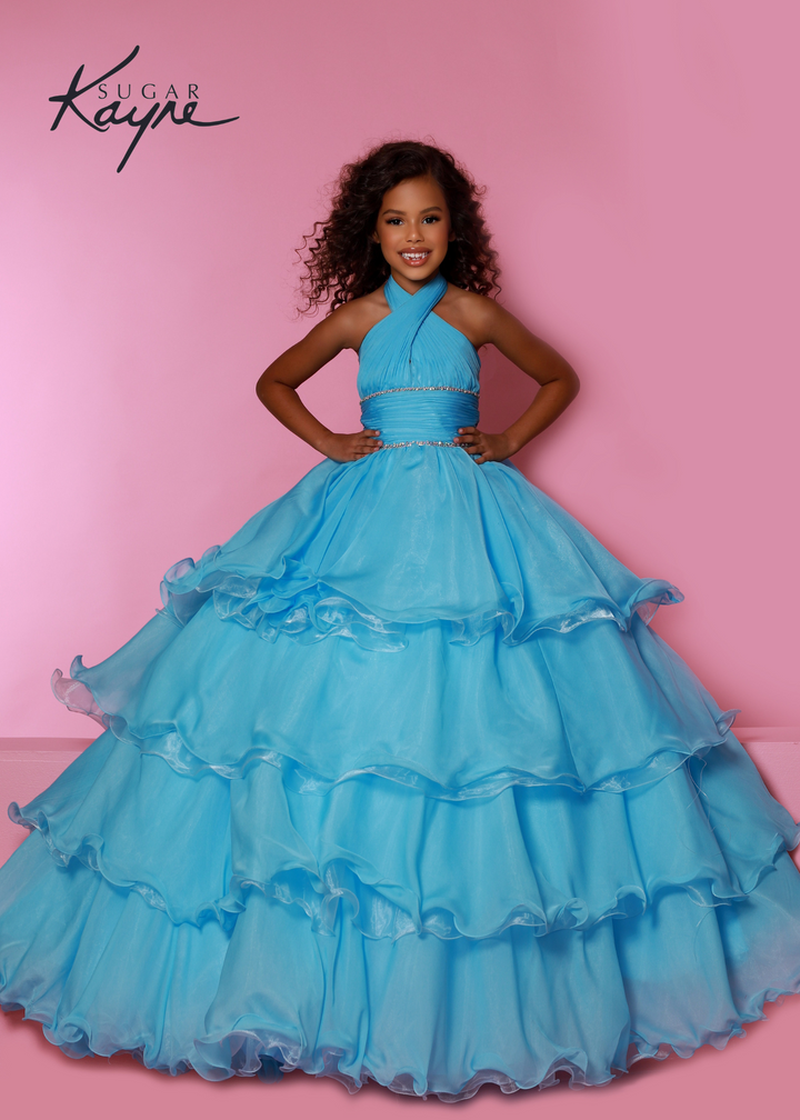 Sugar Kayne C305 Ruffled Layers Girls Preteens Pageant Dress Ball Gown Cape Halter Formal Dress - FOSTANI