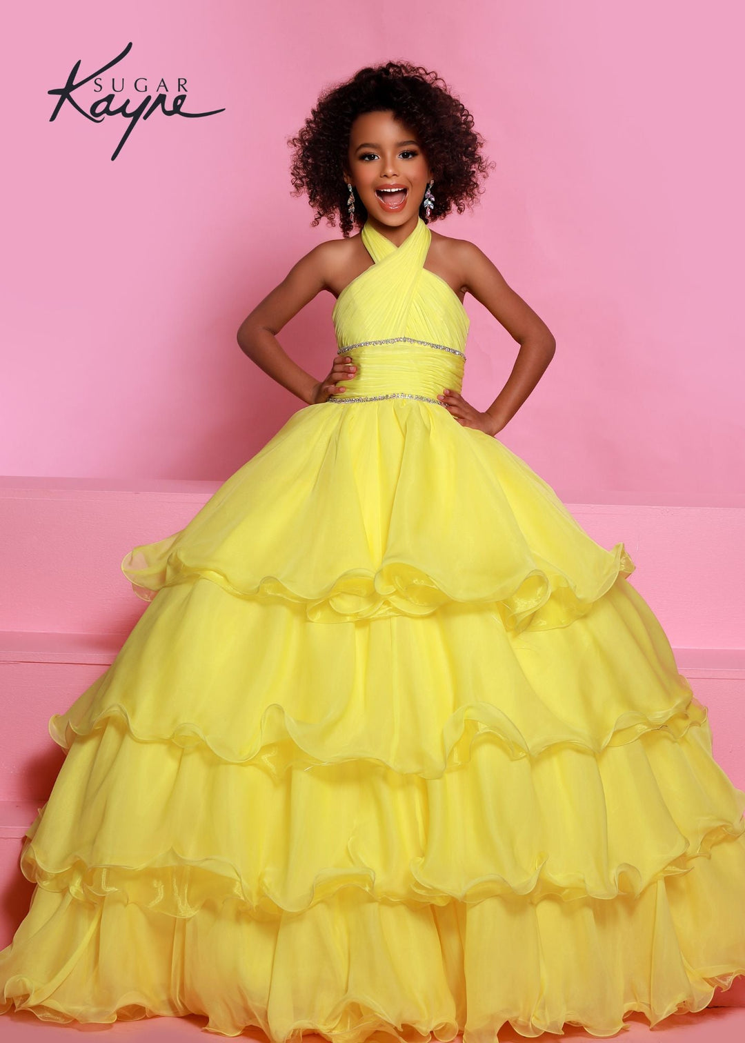 Sugar Kayne C305 Ruffled Layers Girls Preteens Pageant Dress Ball Gown Cape Halter Formal Dress - FOSTANI