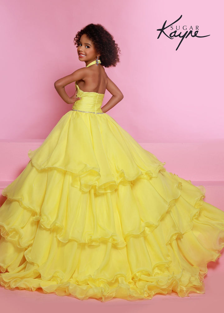 Sugar Kayne C305 Ruffled Layers Girls Preteens Pageant Dress Ball Gown Cape Halter Formal Dress - FOSTANI