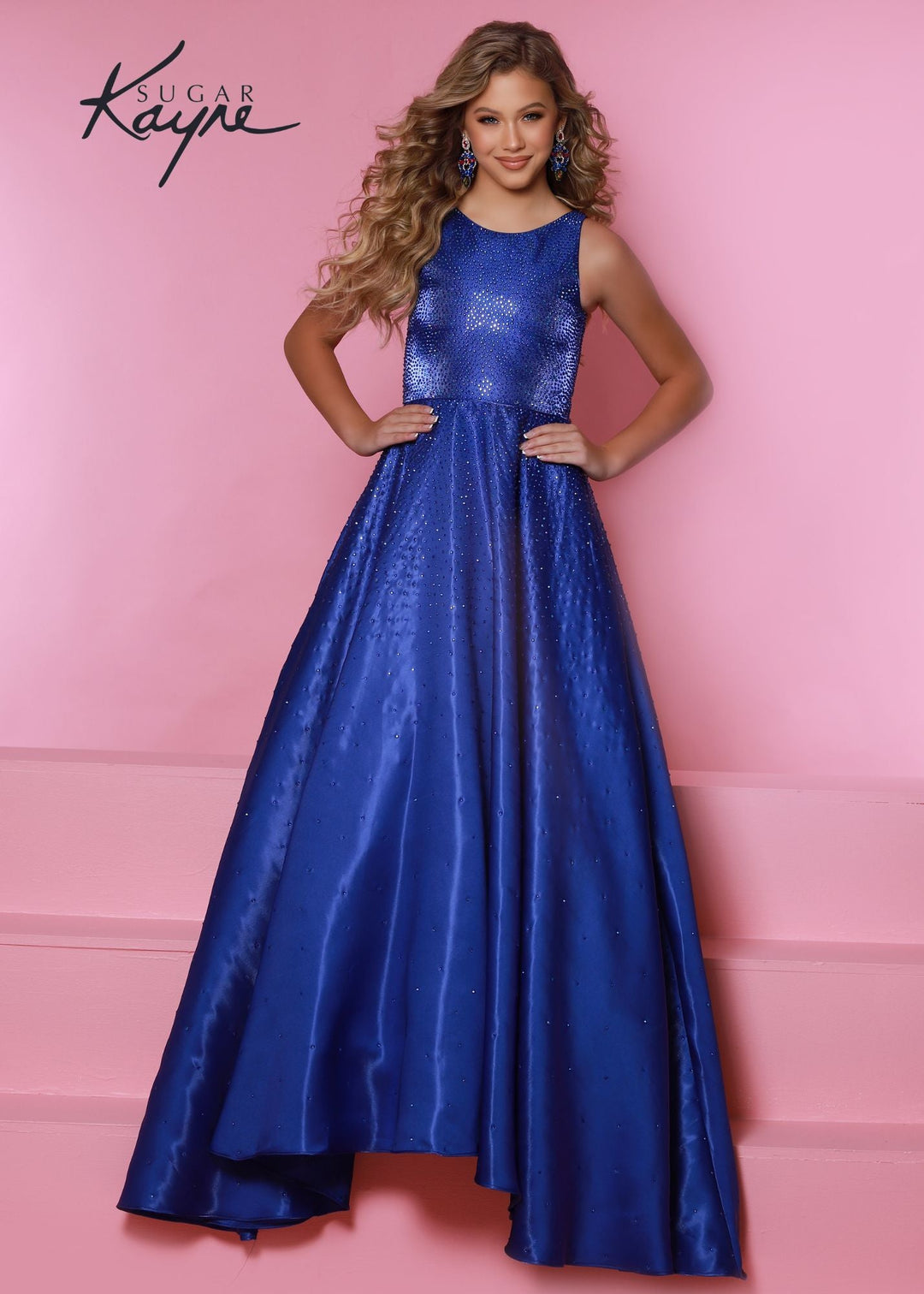 Sugar Kayne C322 Long Shimmer Satin A Line Girls Pageant Dress Embellished Gown Train - FOSTANI