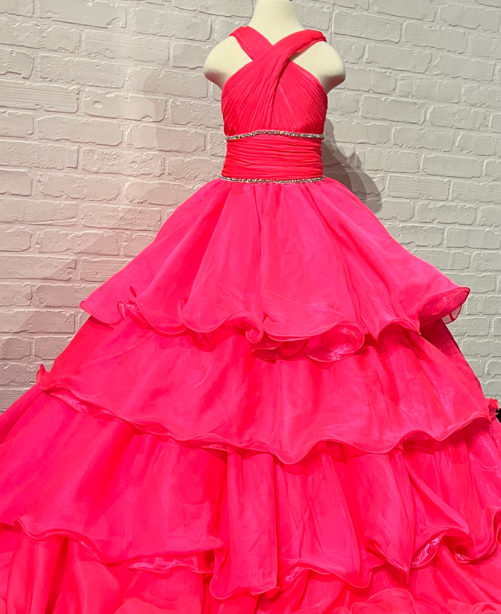 Sugar Kayne C305 Ruffled Layers Girls Preteens Pageant Dress Ball Gown Cape Halter Formal Dress - FOSTANI