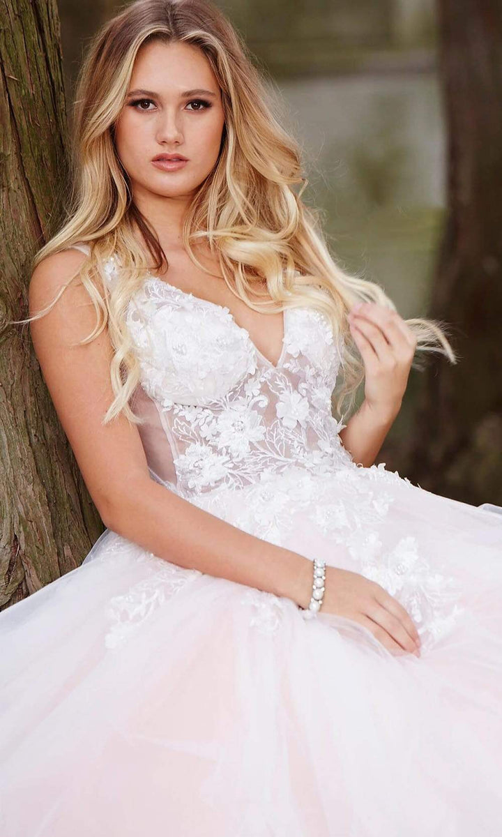 Jovani 55634 Sheer Floral Appliques V-Neck  Ballgown - FOSTANI